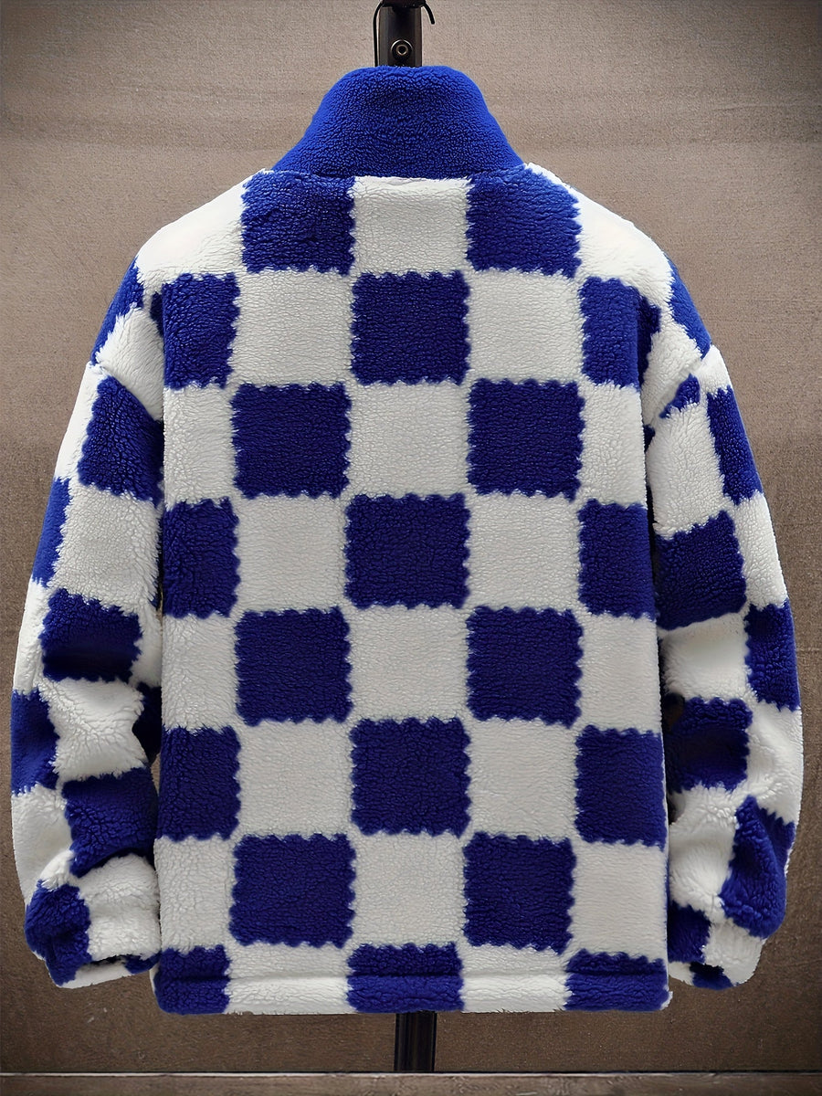 Teddyfleece Jacke Herren Kariert Blau Weiß Stehkragen Reißverschluss