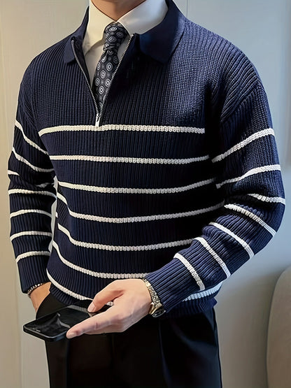Unisex Langarm-Poloshirt mit Reißverschluss und Streifenmuster