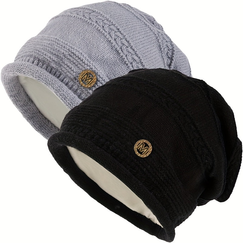 Slouchy Beanie Mütze Damen Strickmütze Beige mit Muster weiches Innenfutter