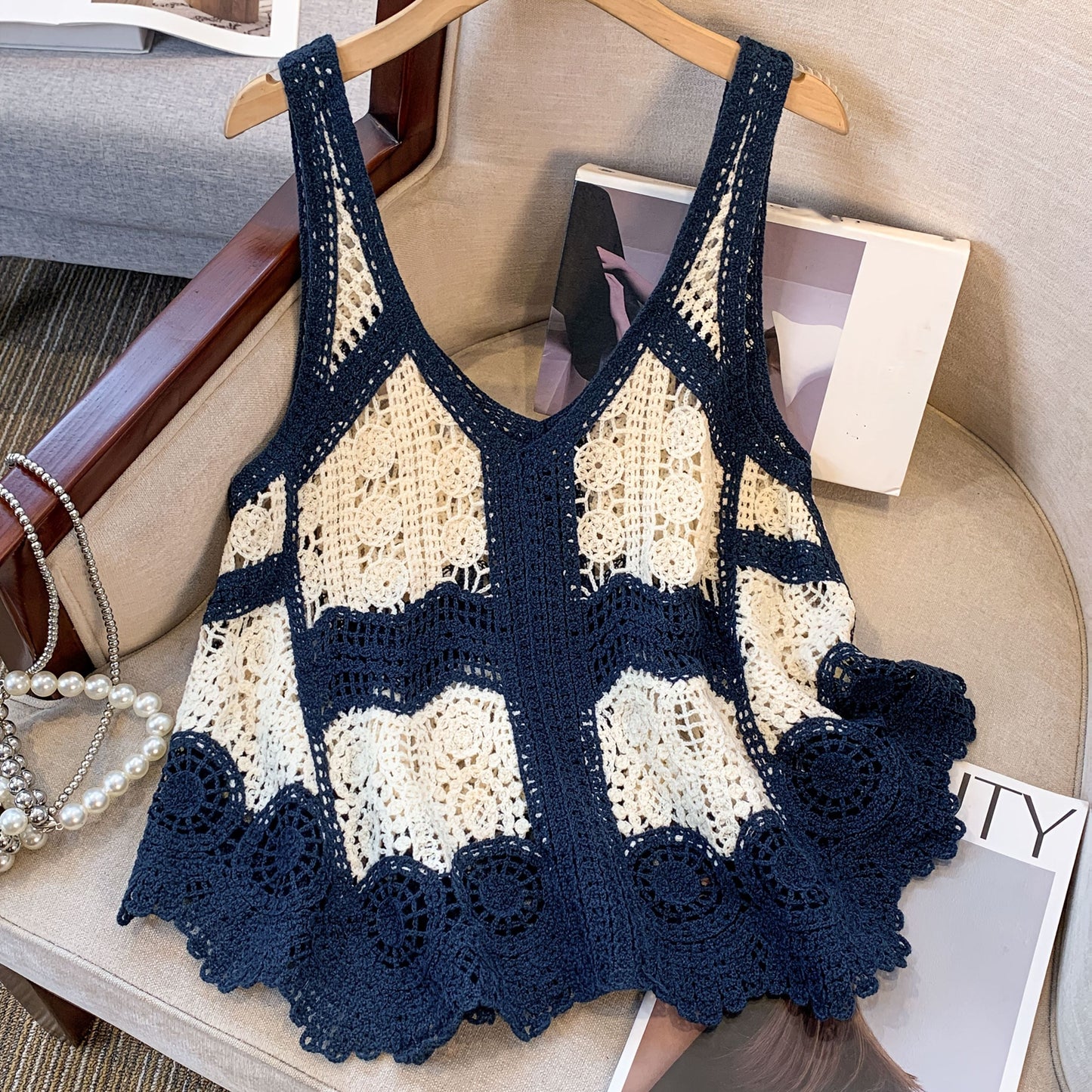 Damen Boho Häkel-Top im Vintage Stil – Ärmelloses Oberteil für kreative Sommer-Looks