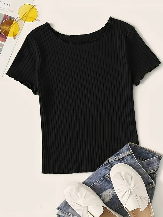 Damen Basic T-Shirt mit kurzen Ärmeln und Rippstruktur – Modisches Alltags-Oberteil mit Wellenkante
