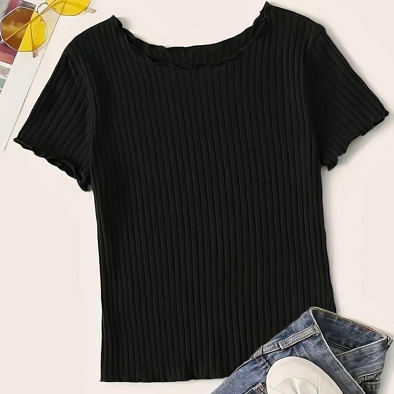 Damen Basic T-Shirt mit kurzen Ärmeln und Rippstruktur – Modisches Alltags-Oberteil mit Wellenkante