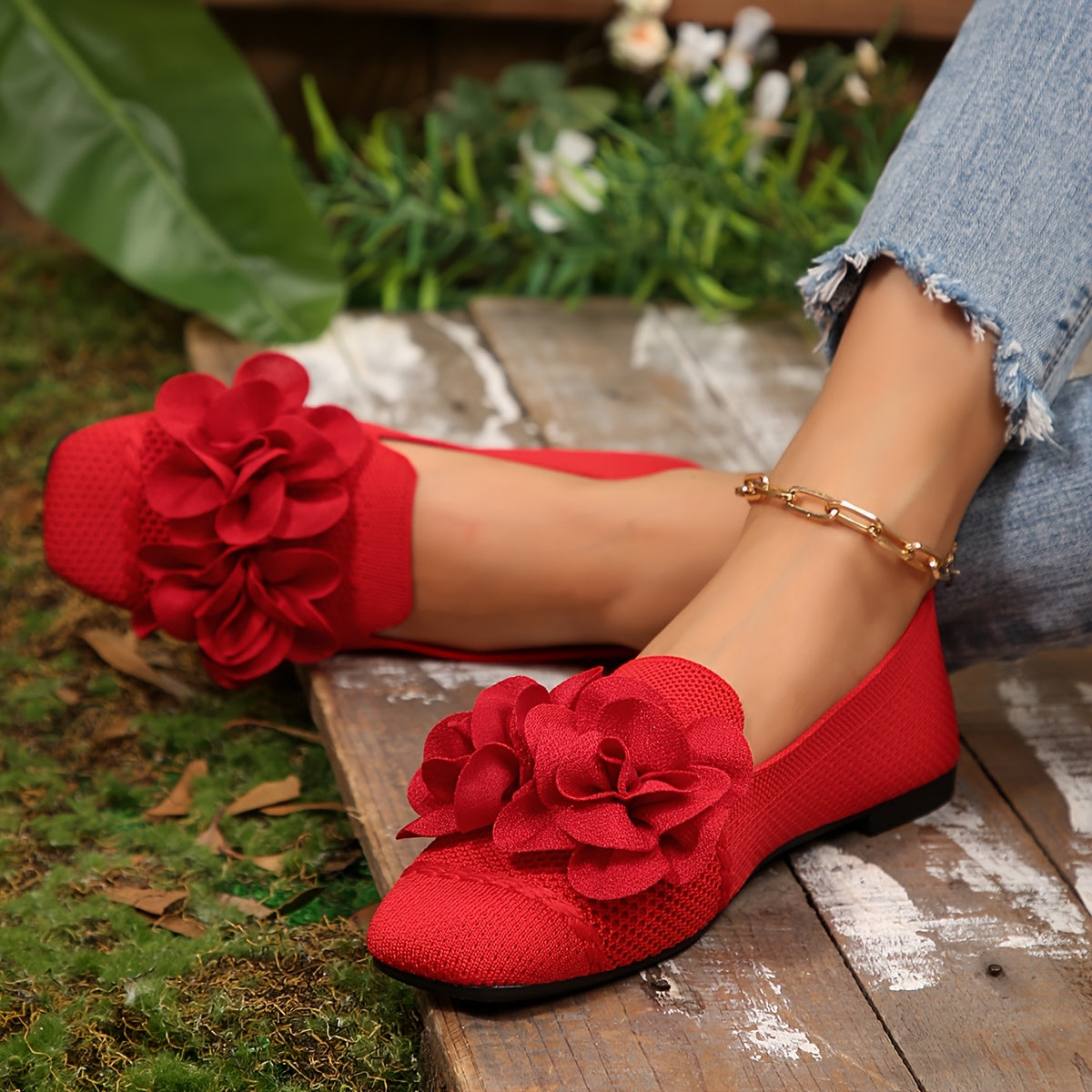 Damen Ballerinas mit Blumendekor und bequemem Schlupf-Design – Modische Freizeitschuhe