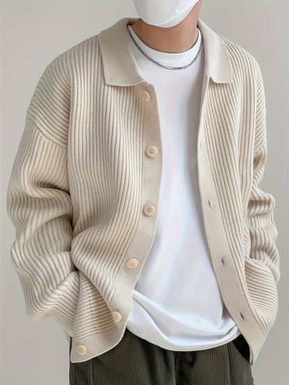 Gerippte Strickjacke für Herren mit Knopfleiste, Polo-Kragen, Langarm