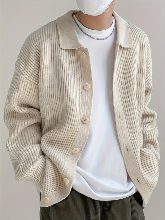 Gerippte Strickjacke für Herren mit Knopfleiste, Polo-Kragen, Langarm