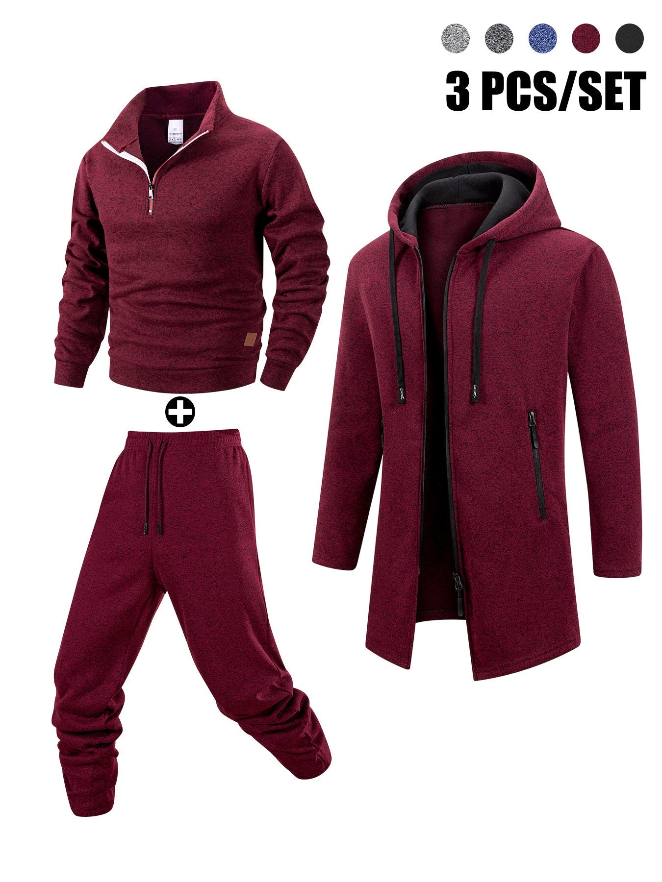 Herren 3-teiliger Trainingsanzug Set mit Kapuzenmantel, Pullover und Hose