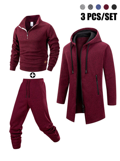 Herren 3-teiliger Trainingsanzug Set mit Kapuzenmantel, Pullover und Hose