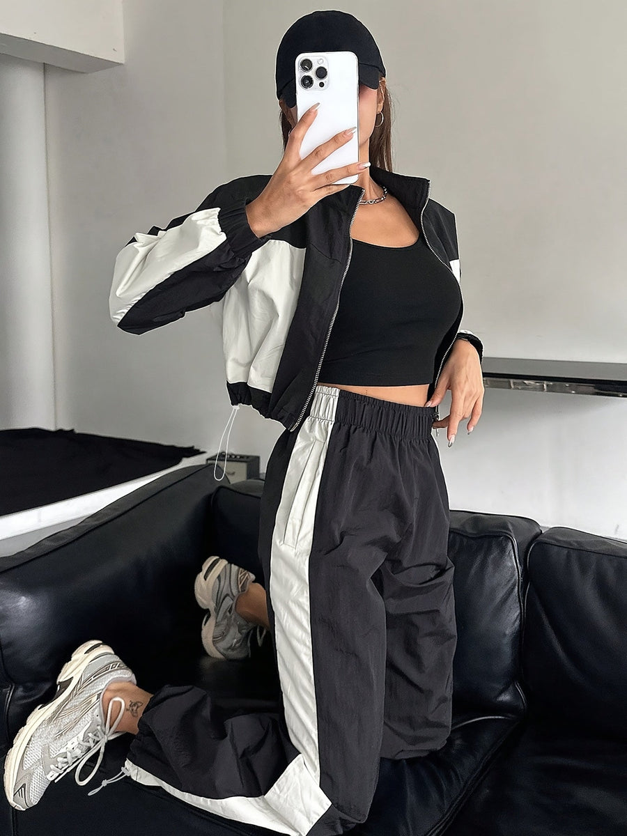 Damen Trainingsanzug Set Zweiteiler mit Colorblock Jacke und Jogginghose