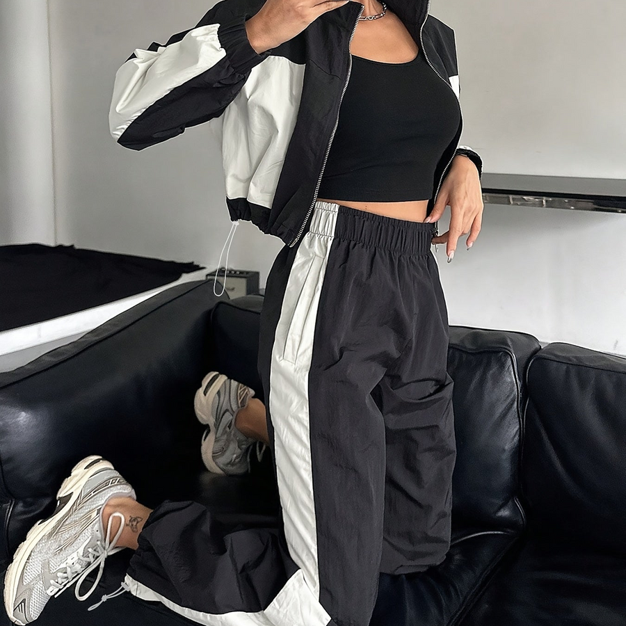 Damen Trainingsanzug Set Zweiteiler mit Colorblock Jacke und Jogginghose