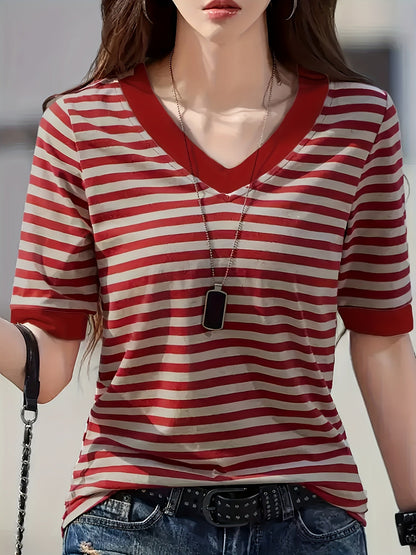Damen Streifen T-Shirt mit V-Ausschnitt und Kurzarm – Casual Style für Alltag und Freizeit