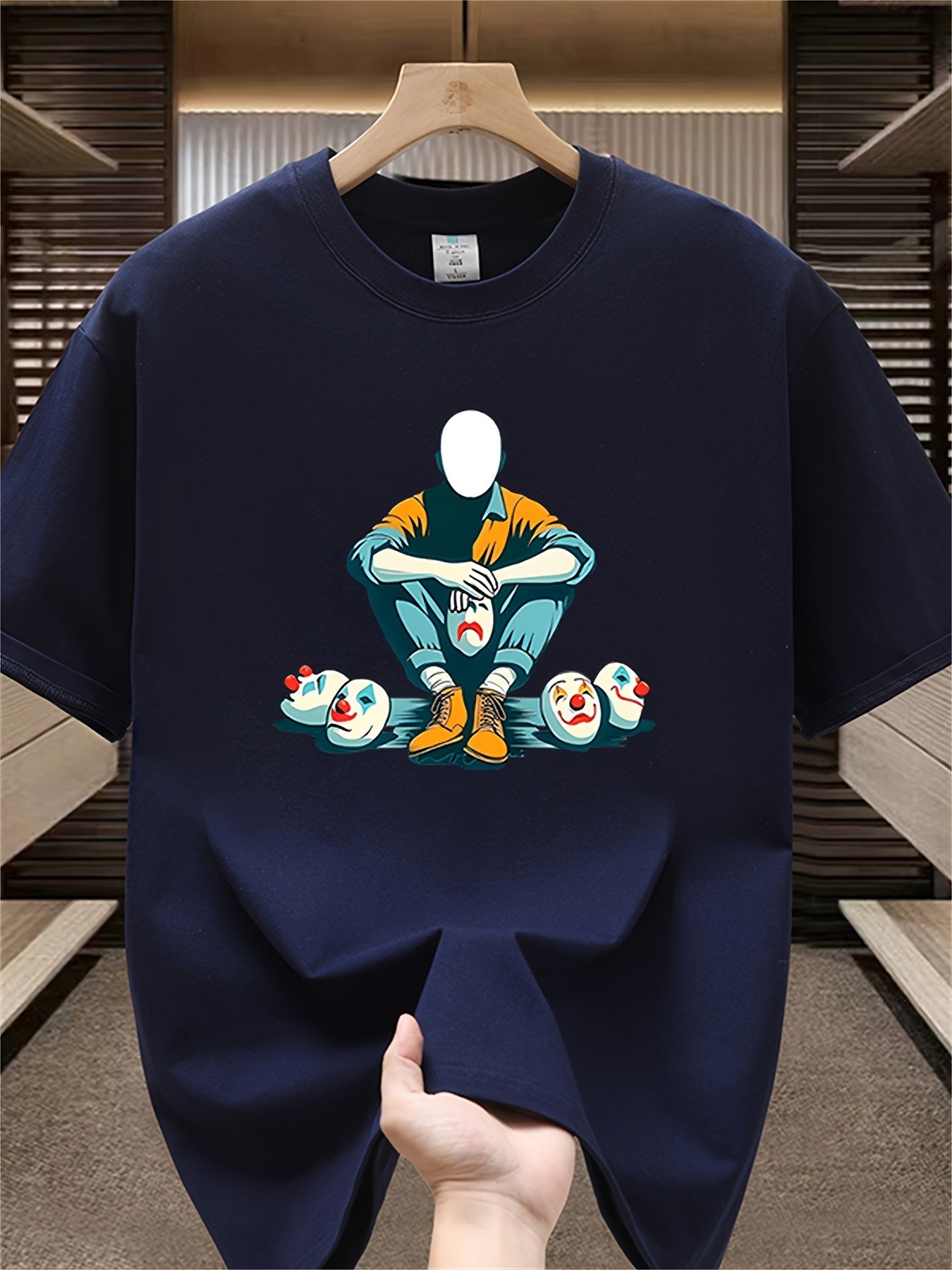 Herren T-Shirt mit künstlerischem Print – Abstrakte Figur und Clownsmasken, Modernes Streetwear Design