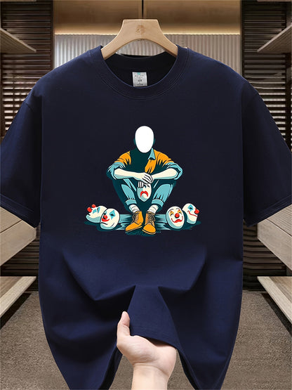 Herren T-Shirt mit künstlerischem Print – Abstrakte Figur und Clownsmasken, Modernes Streetwear Design