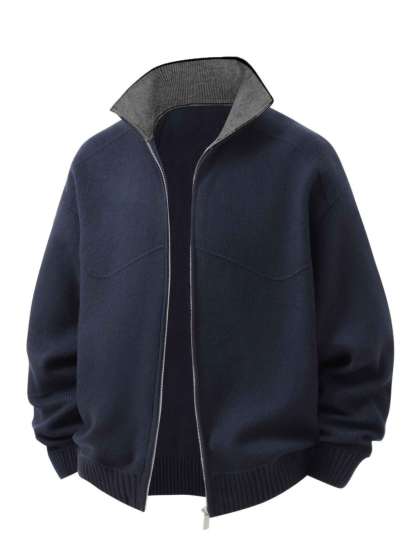 Herren Strickjacke Reißverschluss Stehkragen Dunkelgrau