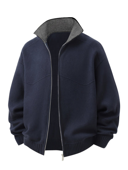 Herren Strickjacke Reißverschluss Stehkragen Dunkelgrau