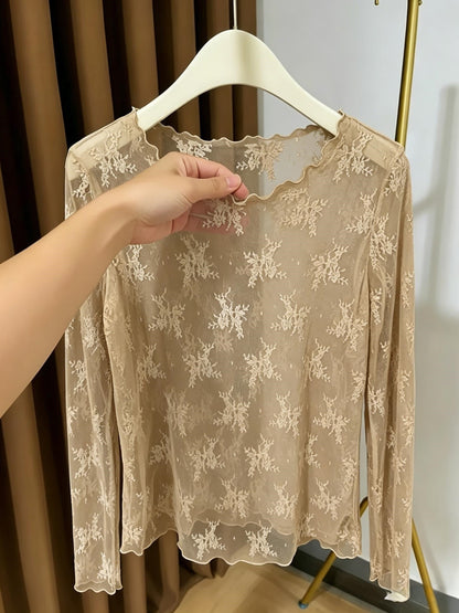 Damen Langarm Mesh-Top mit floraler Stickerei und femininen Details – Elegantes Statement für besondere Anlässe
