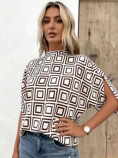 Damen Bluse mit Stehkragen und modernem geometrischem Muster, eleganter Business- und Freizeitstil