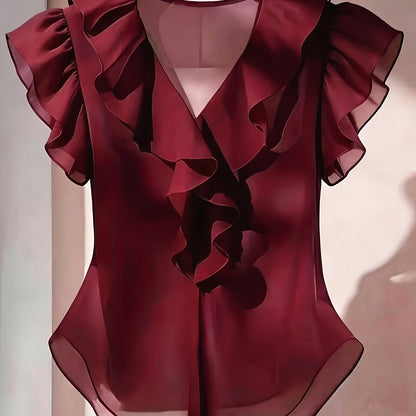 Damen Rüschenbluse mit V-Ausschnitt und Volantärmeln – Eleganter Stil für Büro und besondere Anlässe