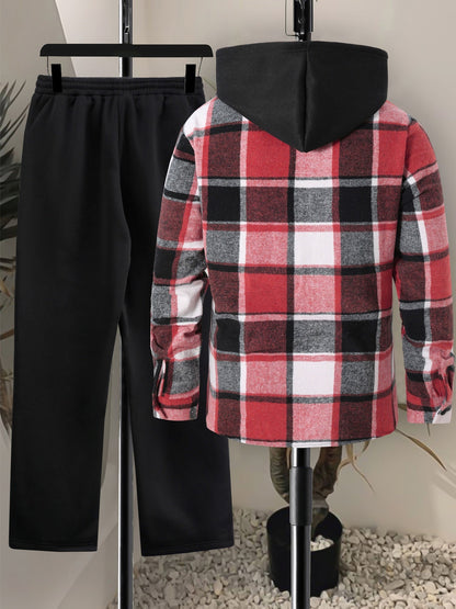 Herren Kariertes Flanell Hemd mit Kapuze & Einfarbige Jogginghose Set Grau