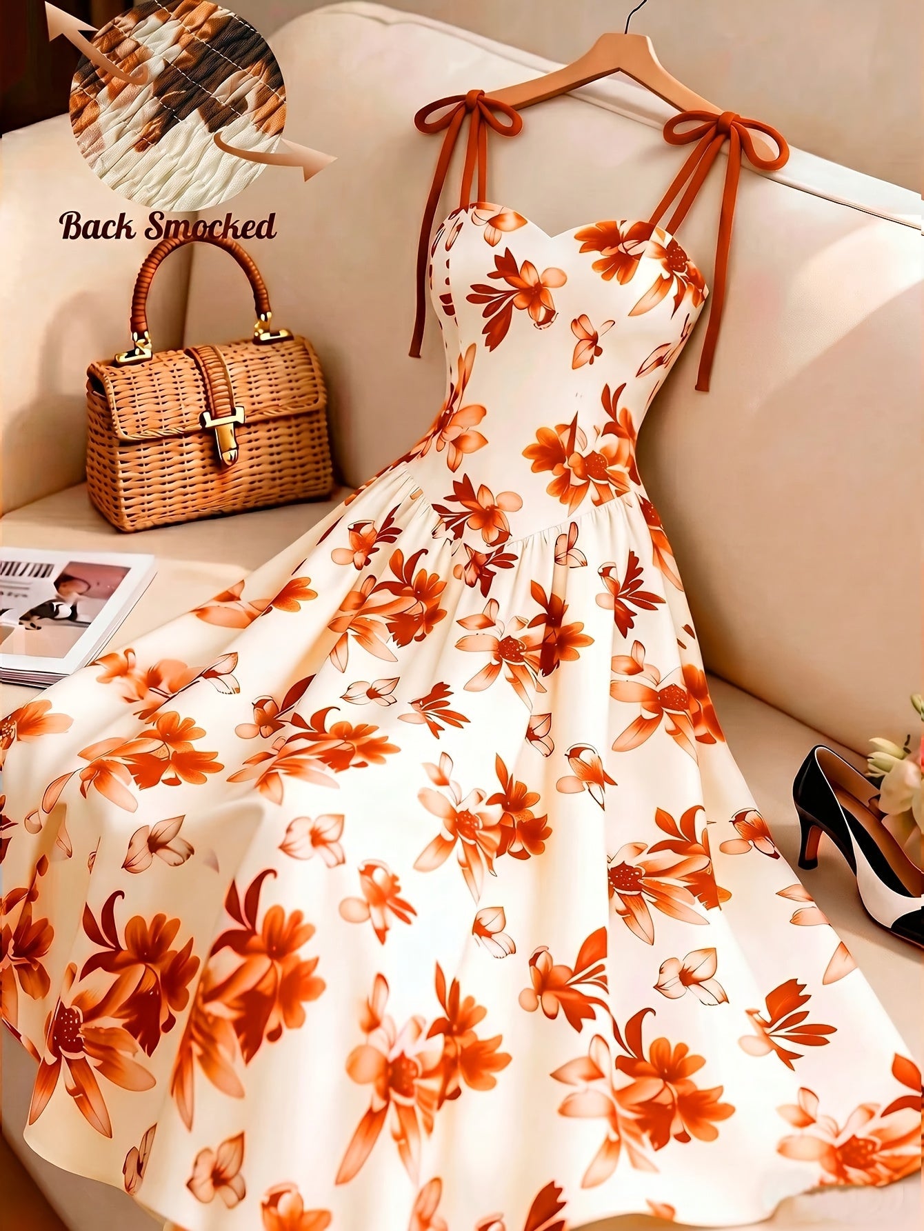Damen Midikleid mit Blumenmuster und Schleifen-Trägern – Elegantes A-Linienkleid für besondere Anlässe