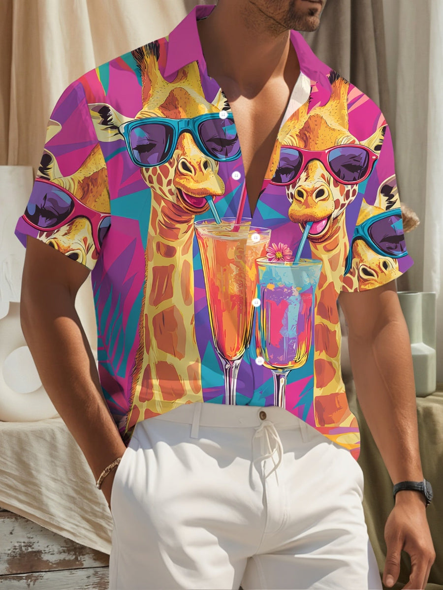Herren Hawaii Hemd mit Giraffen- und Cocktail-Print – Buntes Sommer-Partyshirt