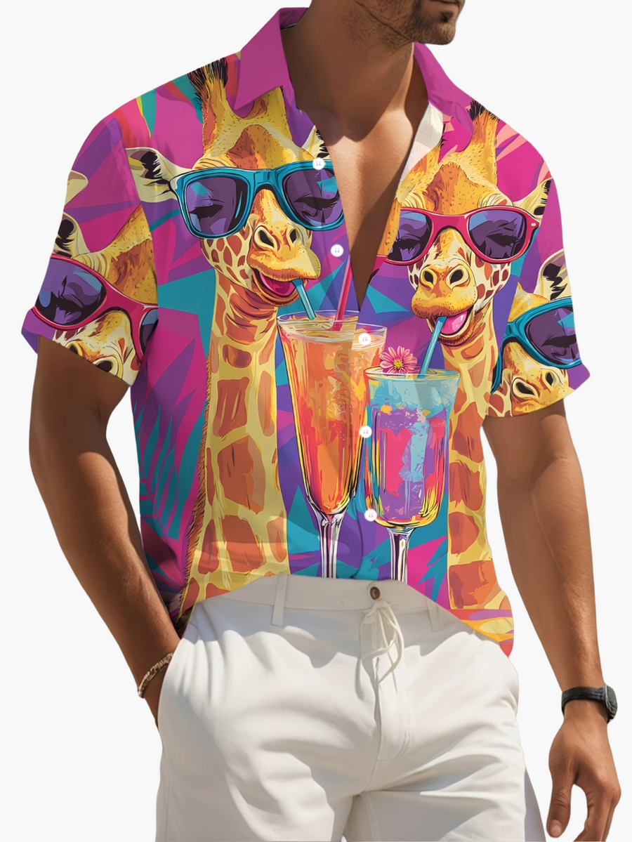 Herren Hawaii Hemd mit Giraffen- und Cocktail-Print – Buntes Sommer-Partyshirt