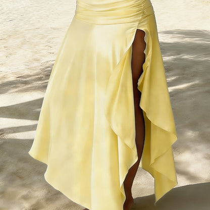 Damen Maxi-Strandrock mit asymmetrischem Volant-Saum, elegant-lässiger Urlaubsstil