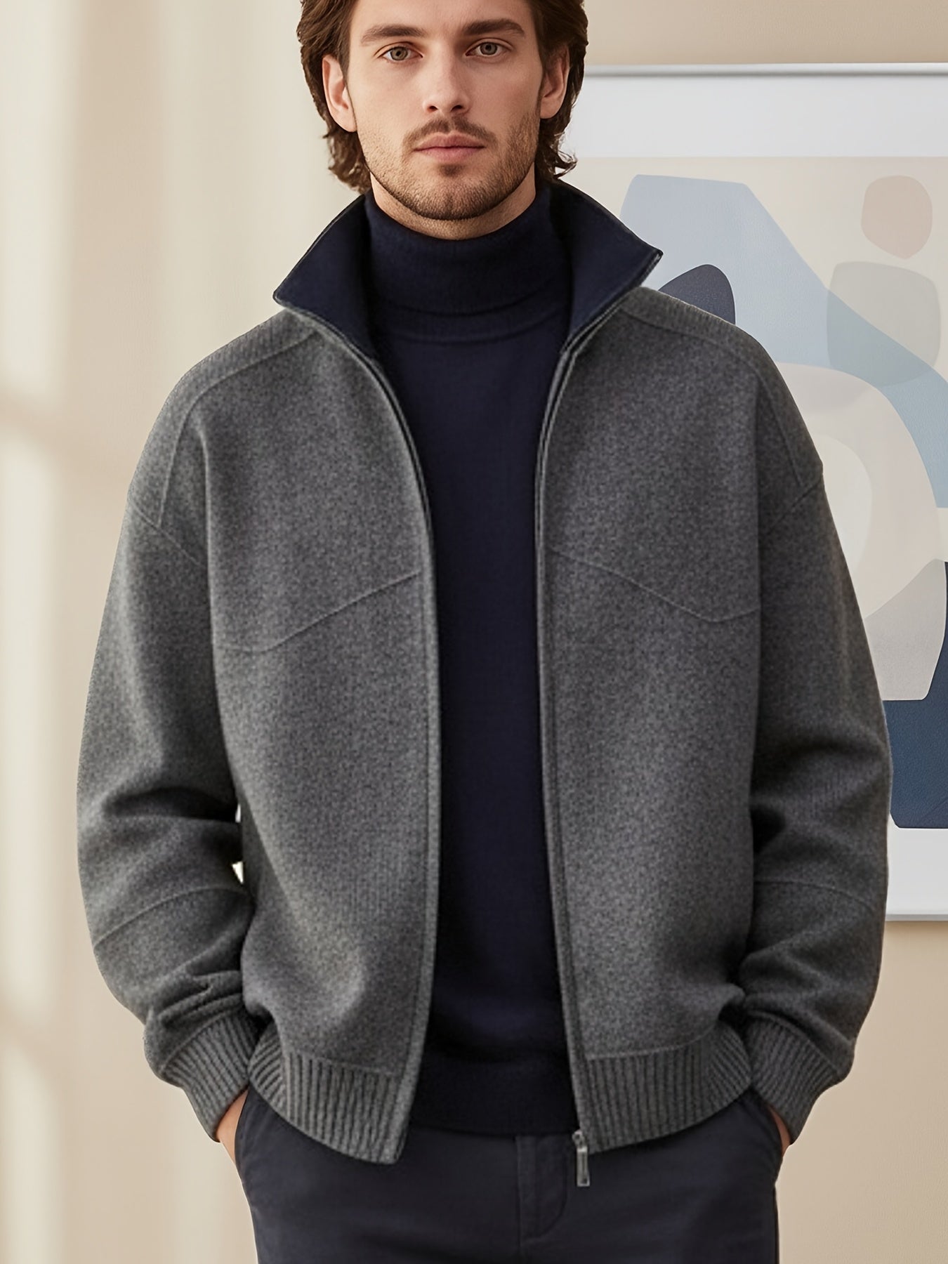 Herren Strickjacke Reißverschluss Stehkragen Dunkelgrau