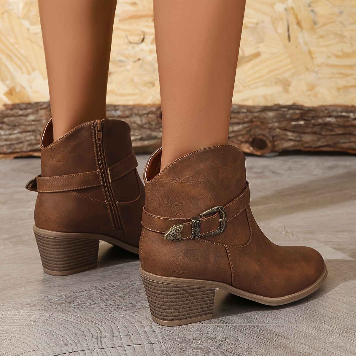 Damen Stiefelette mit Western-Schnalle & Blockabsatz, Braun