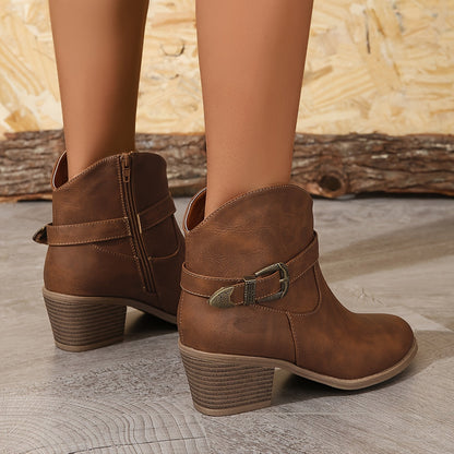 Damen Stiefelette mit Western-Schnalle & Blockabsatz, Braun