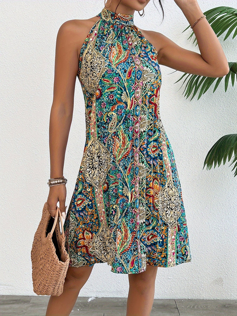 Damen Boho Sommerkleid mit Neckholder und buntem Ethno-Muster – Ideal für Urlaub, Strand & Gartenparty