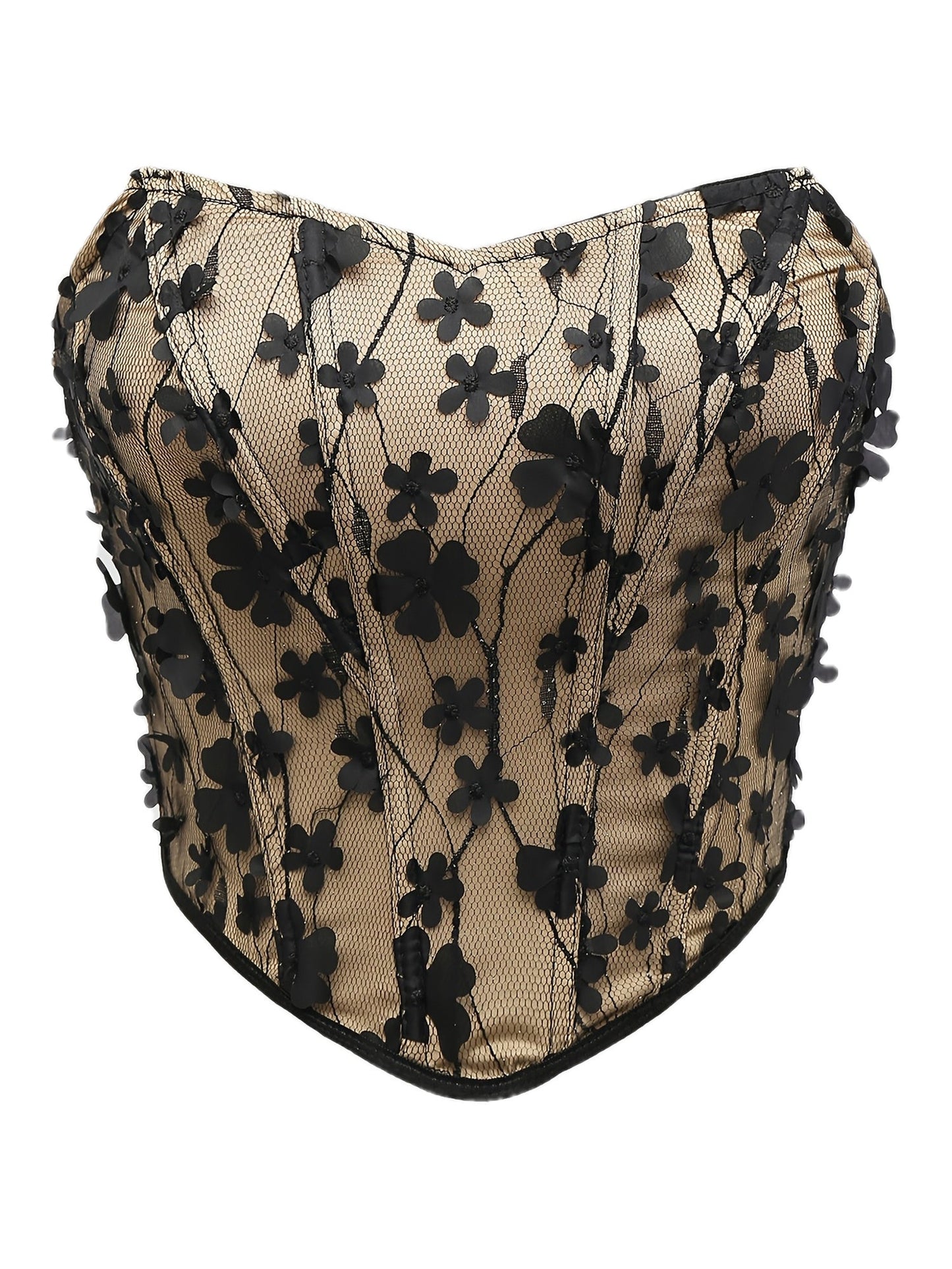 Damen Korsagen-Top mit 3D-Blumenstickerei und Herzausschnitt – Eleganter Party- und Abend-Look