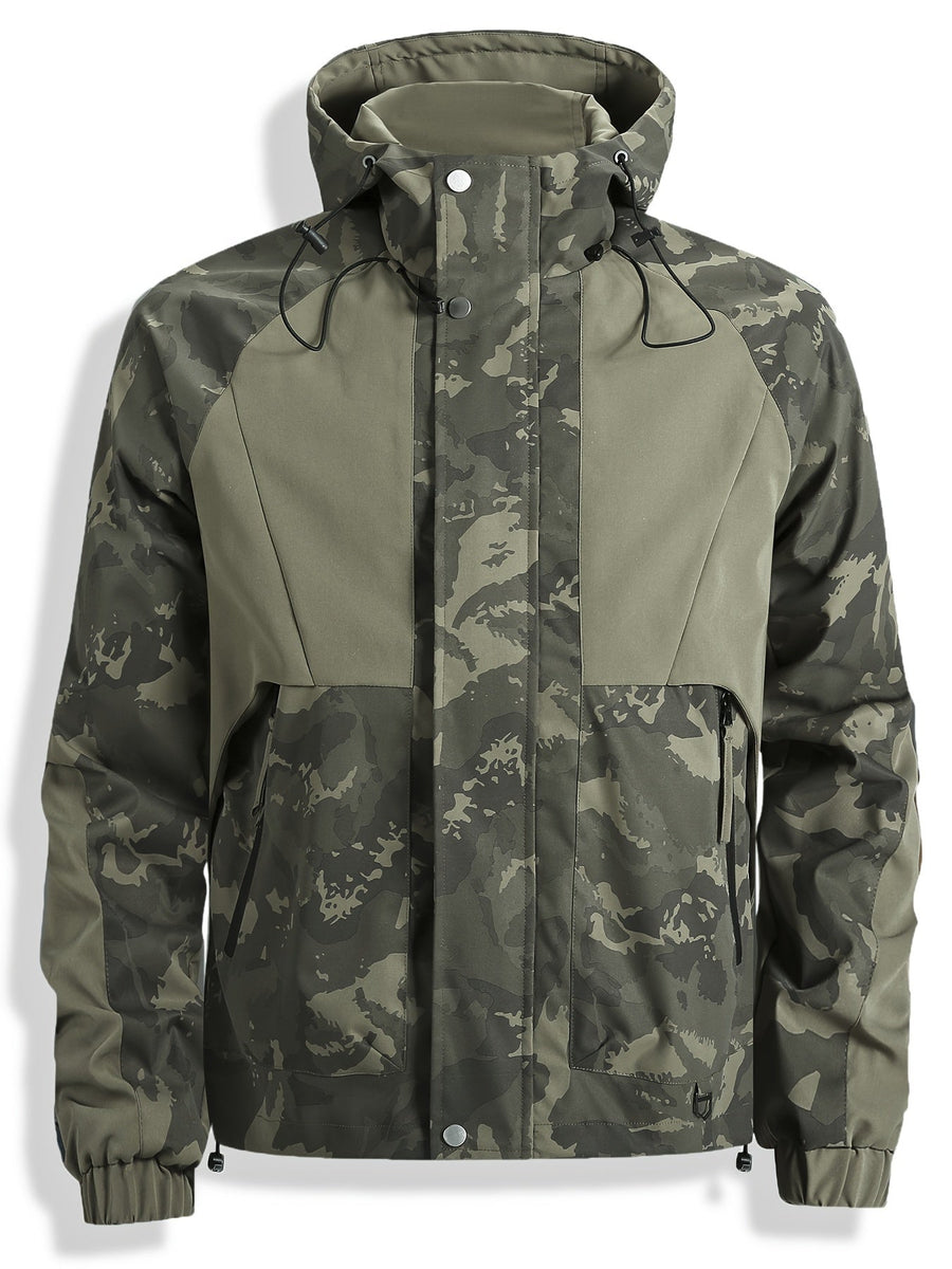 Herren Jacke Camouflage mit Kapuze und Reißverschluss, Olivgrün/Dunkelgrün