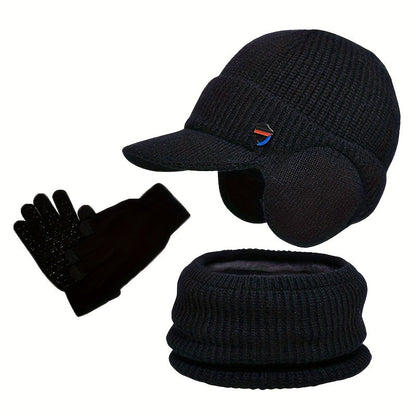 Set met gebreide wintermuts met klep en oorflappen, handschoenen en sjaal