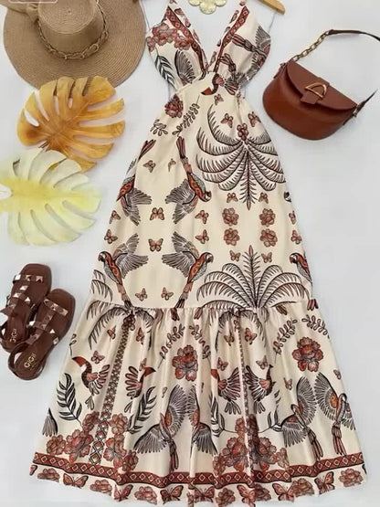 Damen Maxikleid Boho-Style mit tropischem Print und V-Ausschnitt – Perfekt für Urlaub und Sommerfeste