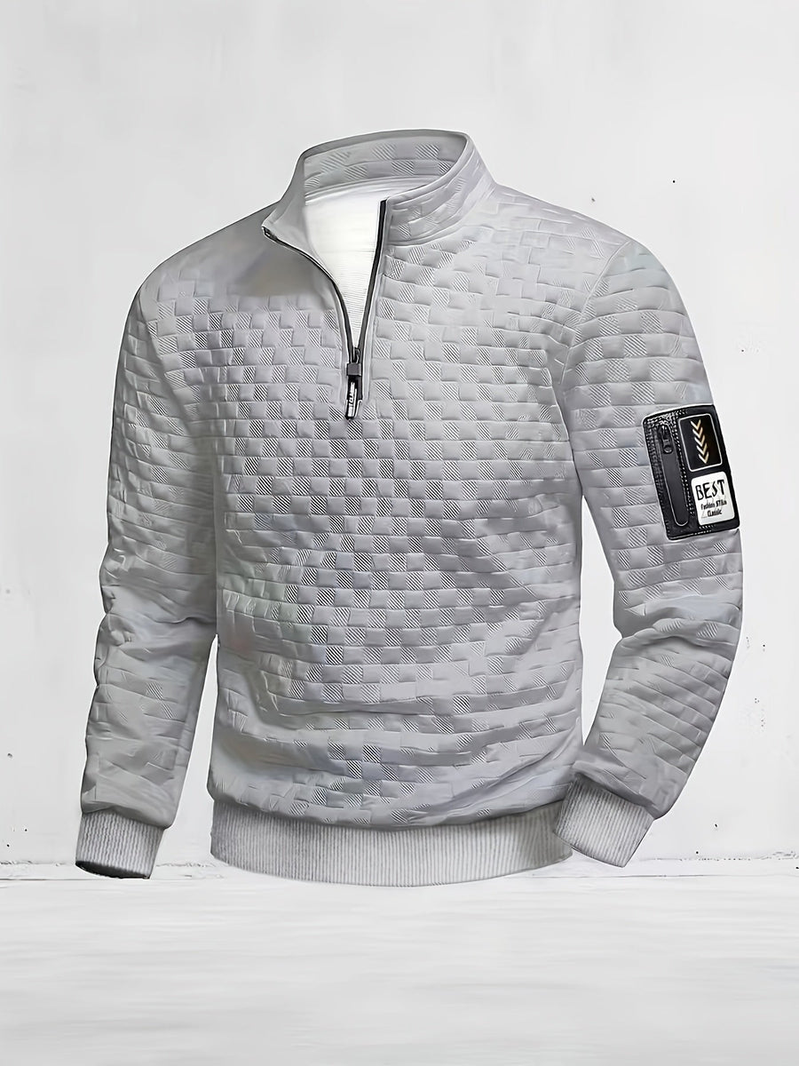 Herren Halb-Reißverschluss Pullover mit Stehkragen und Strukturmuster