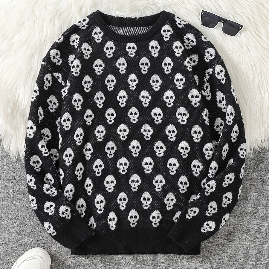 Unisex Strickpullover mit Rundhalsausschnitt und Totenkopfmuster