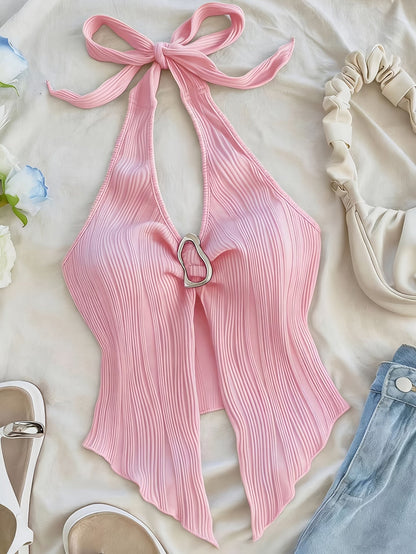 Damen Halterneck Top mit Plissee und Schlüsselloch-Detail – Modisches Ausgeh- und Party-Oberteil