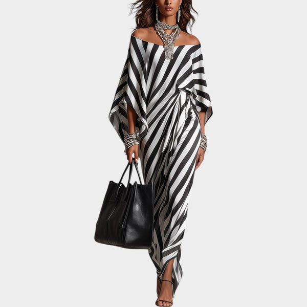 Zwart-wit gestreepte offshoulder-maxi-jurk voor dames in kaftanstijl met split