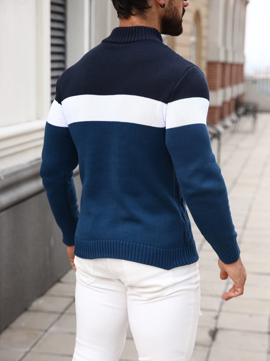 Herren Strickpullover mit Stehkragen und Knopfleiste, Farbblock Design