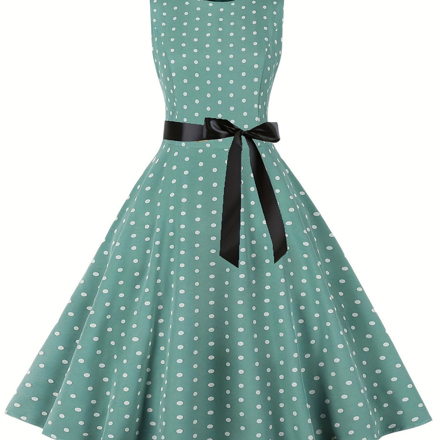 Damen Vintage Rockabilly Polka Dots Kleid mit Schleifen-Gürtel, Elegant, Ärmelos, Festlich & Alltag