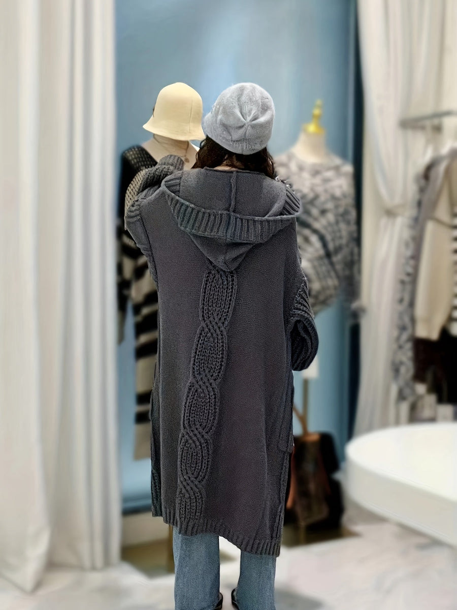 Damen Strickmantel Lang mit Kapuze Zopfmuster Strickjacke Grau