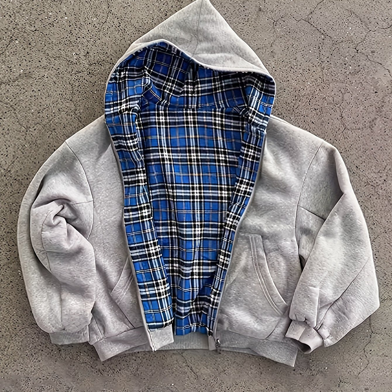 Unisex Reißverschluss Hoodie Hellgrau mit kariertem Innenfutter Kapuzenpullover