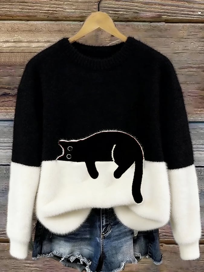 Weicher Damen Pullover mit Katze Rundhals Langarm Strickpullover Mehrfarbig