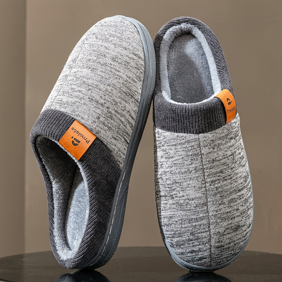 Unisex Hausschuhe Slipper Gemütlich Gefüttert Strickmuster Blau Grau