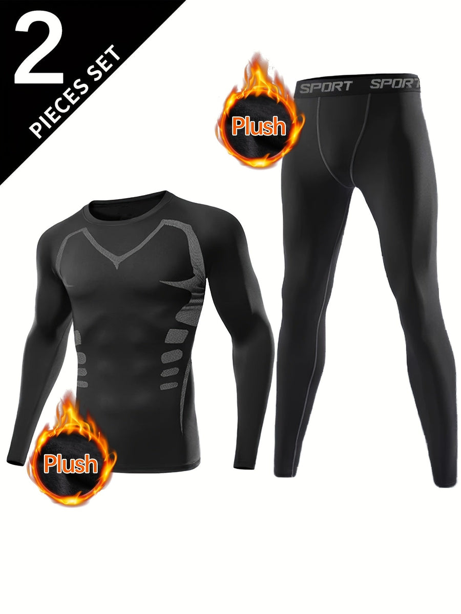 2-teiliges Herren Sport Funktionsunterwäsche Set Schwarz Langarmshirt Hose Winter