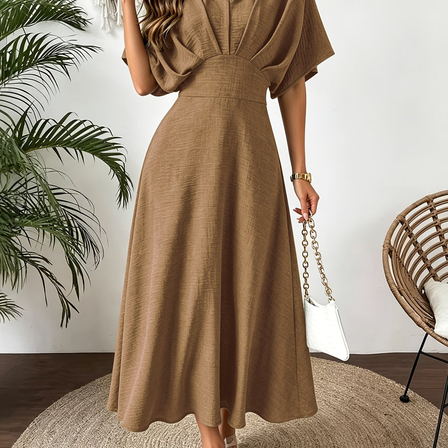 Damen Midi Kleid mit V-Ausschnitt & Fledermausärmeln, Tailliert, Grün