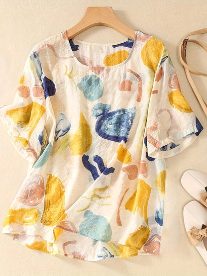 Damen Kurzarm-Bluse mit abstraktem Muster, lockerer Schnitt, modischer Freizeitstil