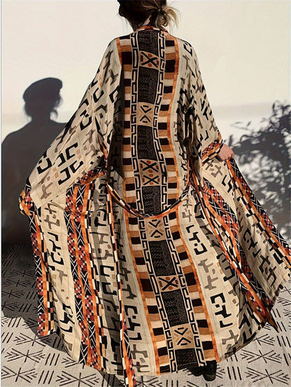 Damen Boho Kimono Lang mit Ethno-Muster – Eleganter Langer Morgenmantel für Strand & Freizeit
