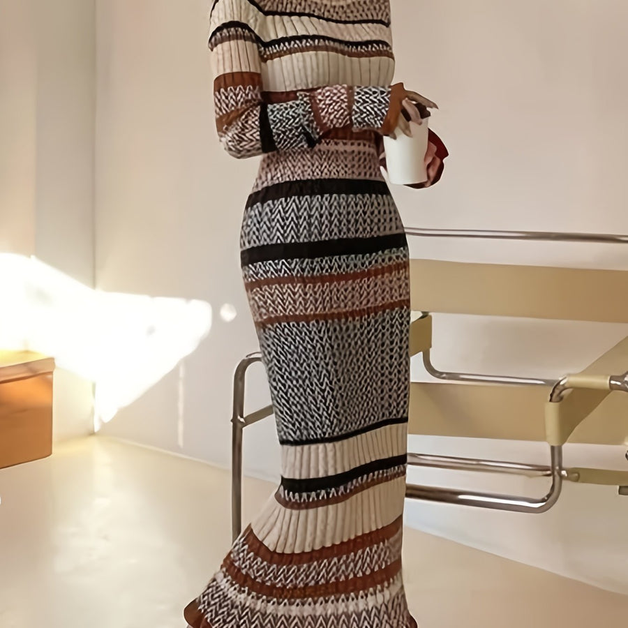 Damen Strickkleid Lang Ärmel Rollkragen Mehrfarbig Gemustert