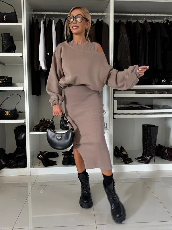 Judith – Langer Rock mit Off-Shoulder Pullover und Fledermausärmeln